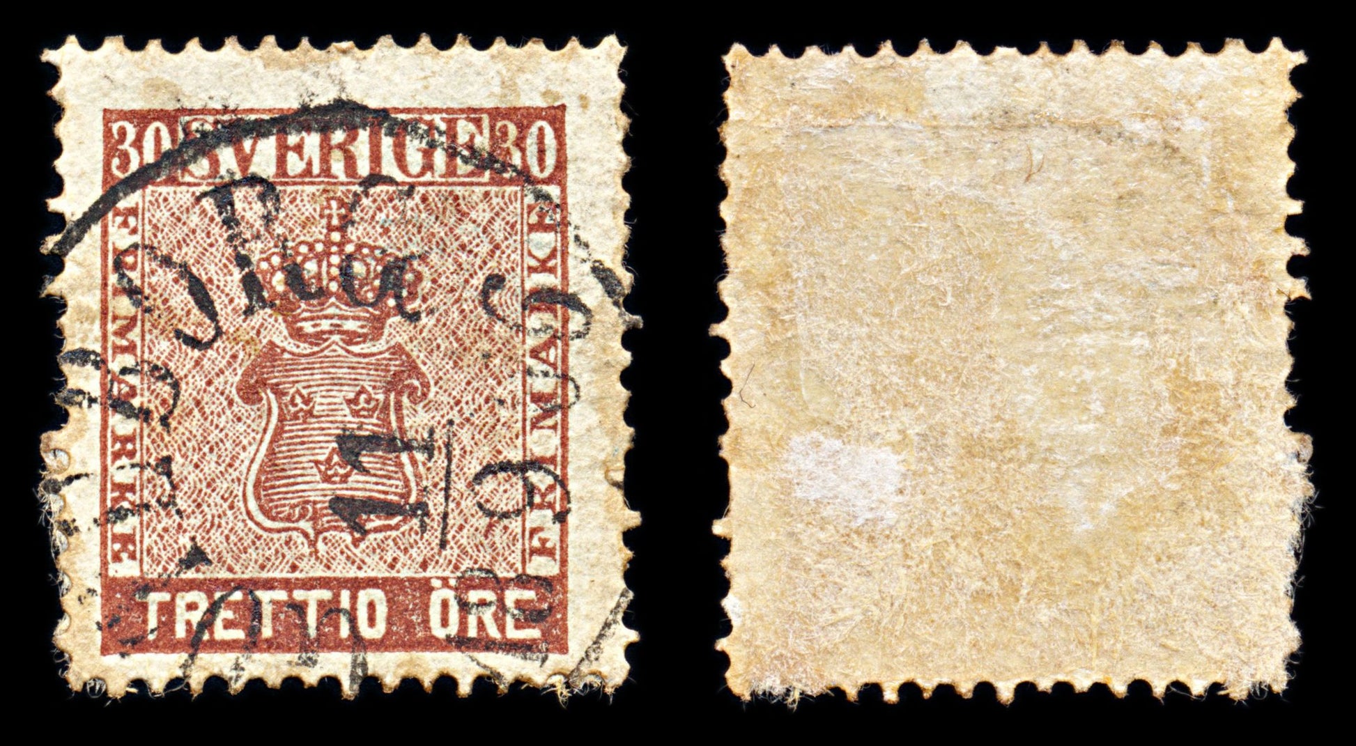 6789 Sweden SG10a 30 Dark Brown 1858. Sc#11a Mi 11b Used. C£55