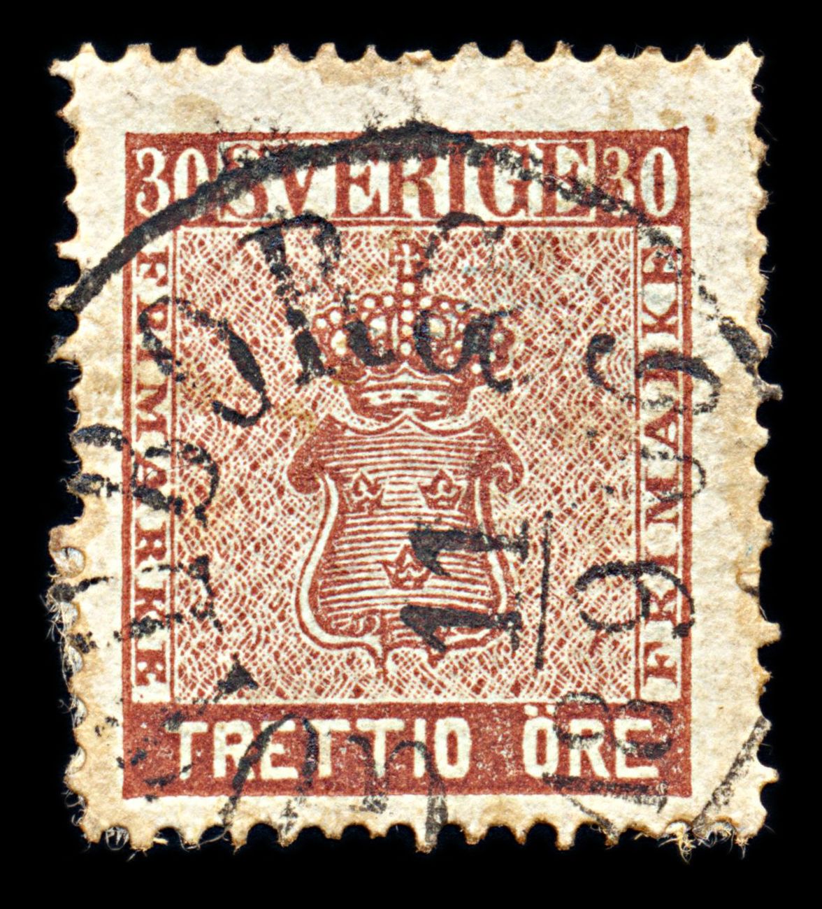 6789 Sweden SG10a 30 Dark Brown 1858. Sc#11a Mi 11b Used. C£55