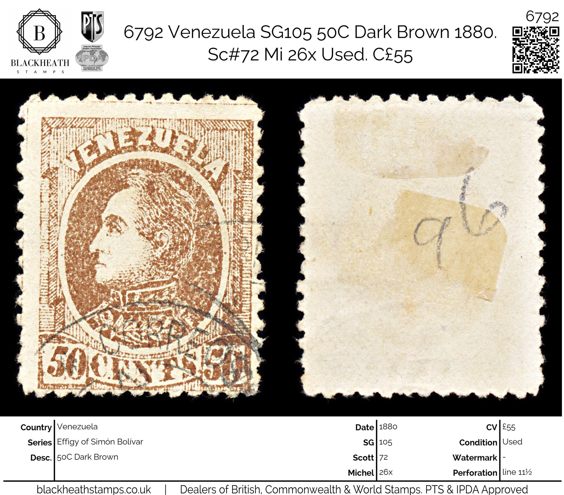 6792 Venezuela SG105 50C Dark Brown 1880. Sc#72 Mi 26x Used. C£55