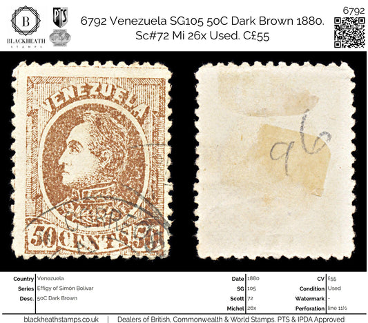 6792 Venezuela SG105 50C Dark Brown 1880. Sc#72 Mi 26x Used. C£55