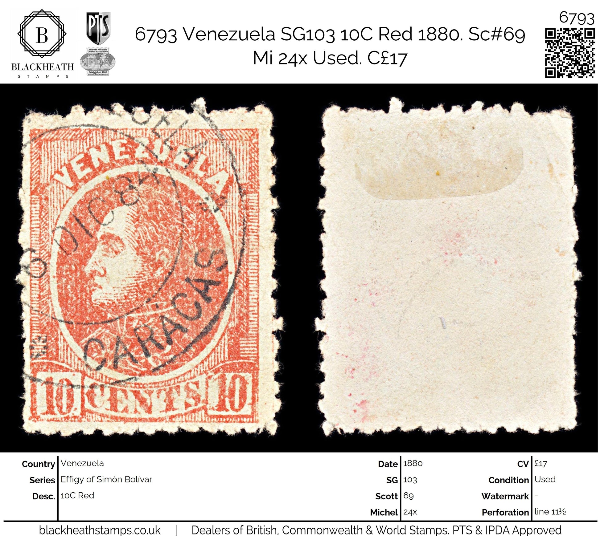 6793 Venezuela SG103 10C Red 1880. Sc#69 Mi 24x Used. C£17