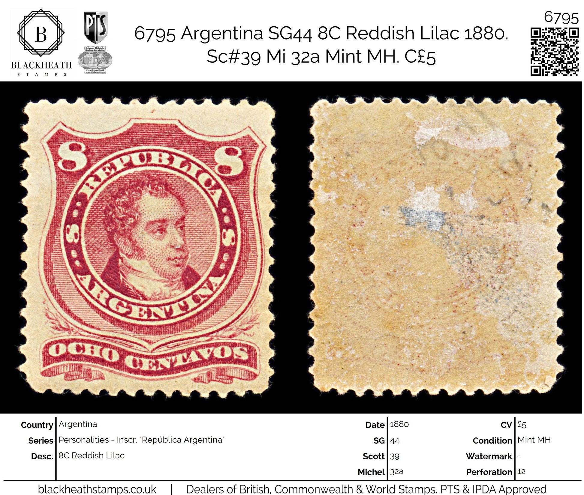 6795 Argentina SG44 8C Reddish Lilac 1880. Sc#39 Mi 32a Mint MH. C£5