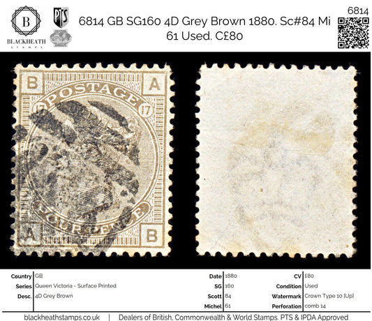 6814 GB SG160 4D Grey Brown. Plate 17 "AB" 1880. Sc#84 Mi 61 Used. C£80