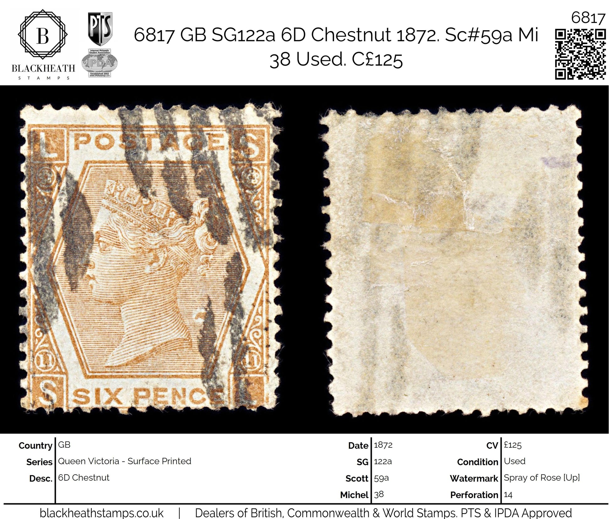 6817 GB SG122a 6D Chestnut. Plate 11 "SL" 1872. Sc#59a Mi 38 Used. C£125