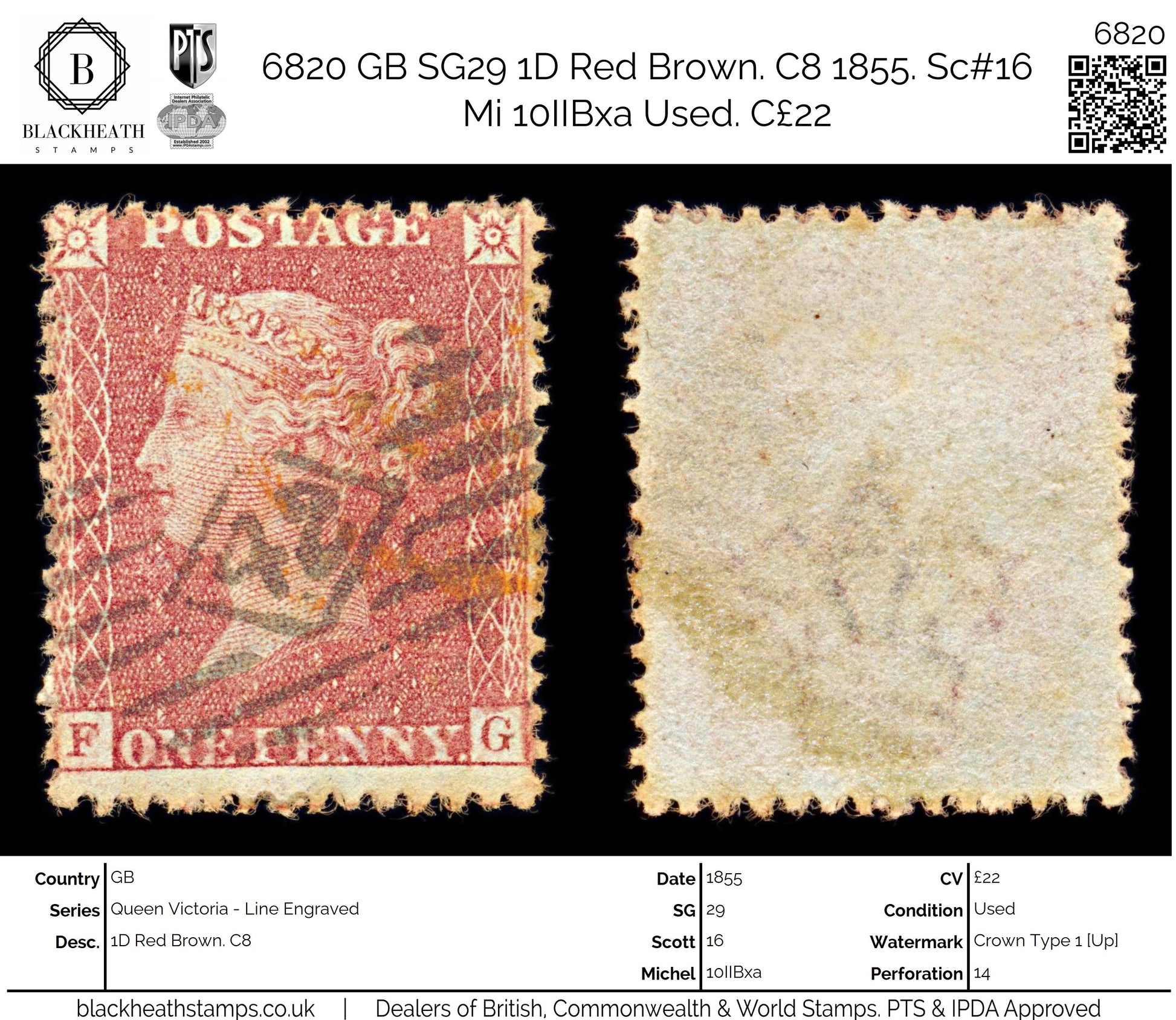 6820 GB SG29 1D Red Brown. Spec C8 "FG" 1855. Sc#16 Mi 10IIBxa Used. C£22