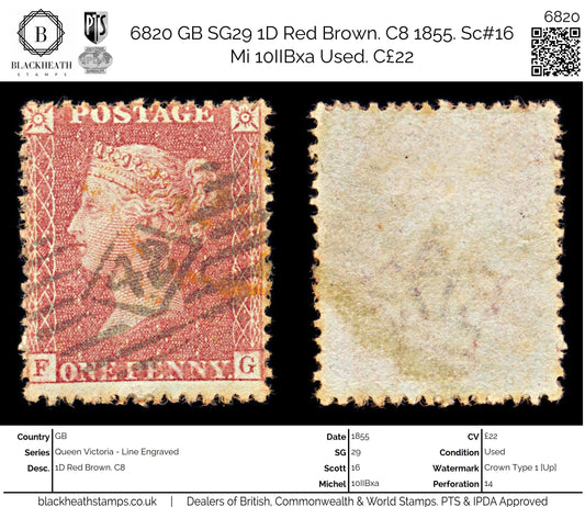 6820 GB SG29 1D Red Brown. Spec C8 "FG" 1855. Sc#16 Mi 10IIBxa Used. C£22