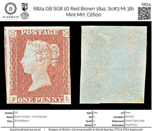 6824 GB SG8 1D Red. Plate 82. "FL" BS71. Mint 1841. Sc#3 Mi 3Ib 3 Margins. C£650