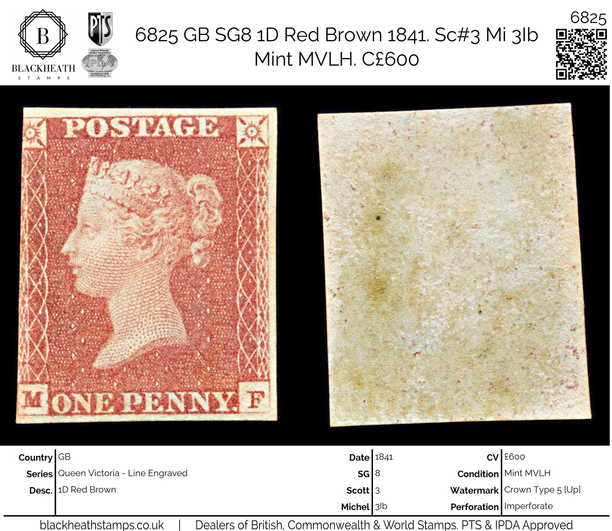 6825 GB SG8 1D Red. Plate 78. "MF". BS67 1841. Sc#3 Mi 3Ib Mint. C£625