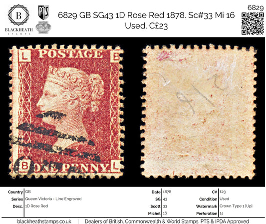 6829 GB SG43 1D Rose Red. Plate 216 "BL" 1878. Sc#33 Mi 16 Used. C£23