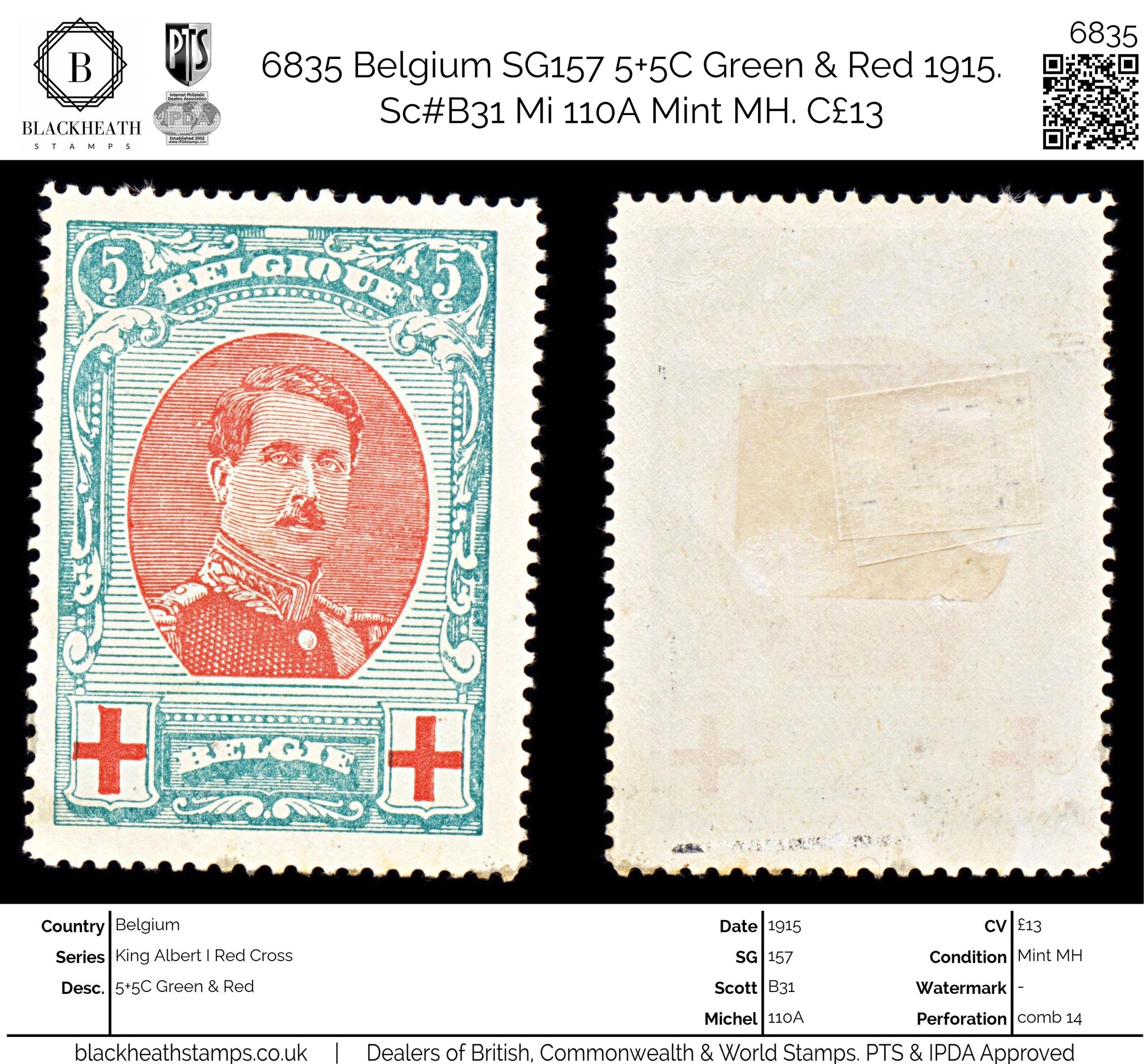 6835 Belgium SG157 5+5C Green & Red 1915. Sc#B31 Mi 110A Mint MH. C£13