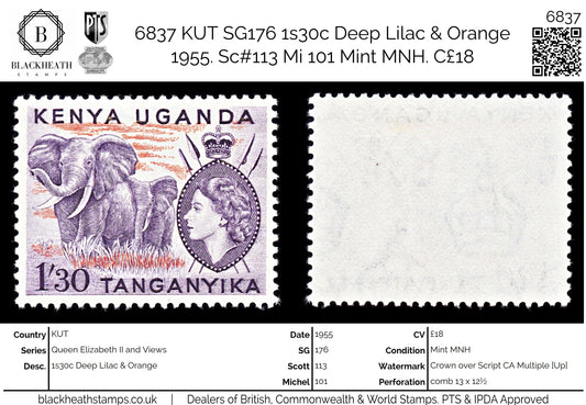 6837 KUT SG176 1s30c Deep Lilac & Orange 1955. Sc#113 Mi 101 Mint MNH. C£18