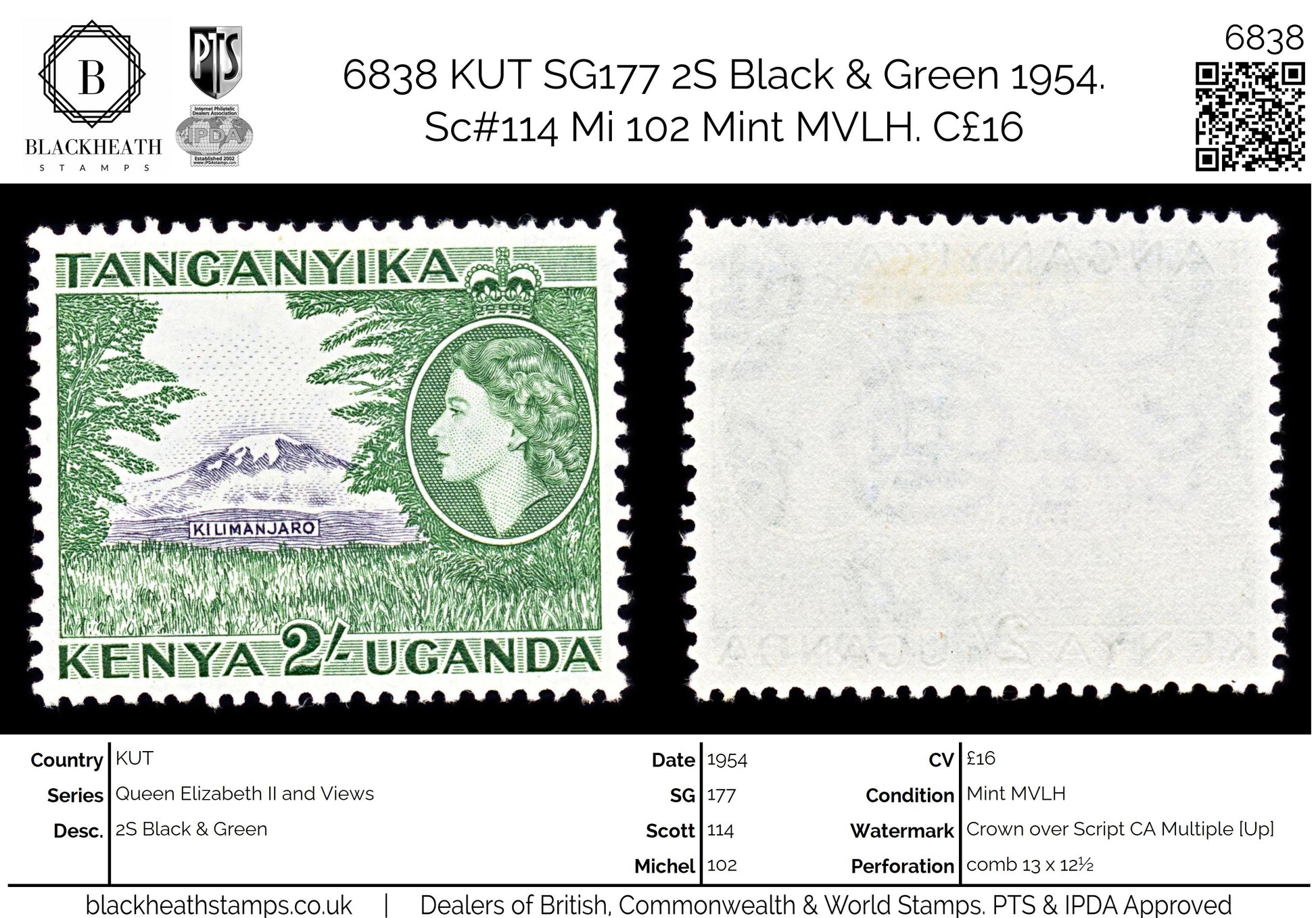 6838 KUT SG177 2S Black & Green 1954. Sc#114 Mi 102 Mint MVLH. C£16