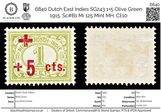 6840 Dutch East Indies SG243 1+5 Olive Green 1915. Sc#B1 Mi 125 Mint MH. C£10