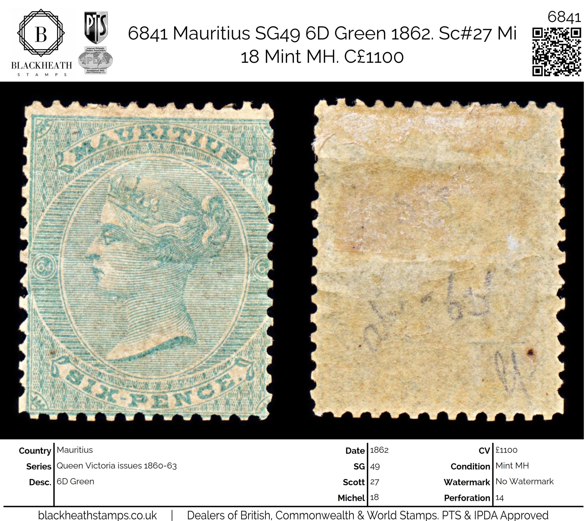 6841 Mauritius SG49 6D Green 1862. Sc#27 Mi 18 Mint MH. C£1100