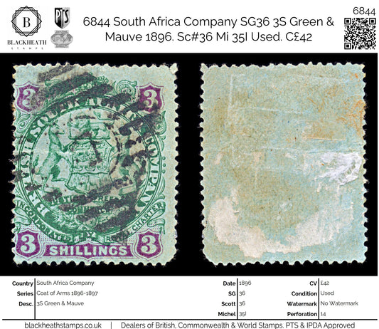 6844 South Africa Company SG36 3S Green & Mauve 1896. Sc#36 Mi 35I Used. C£42