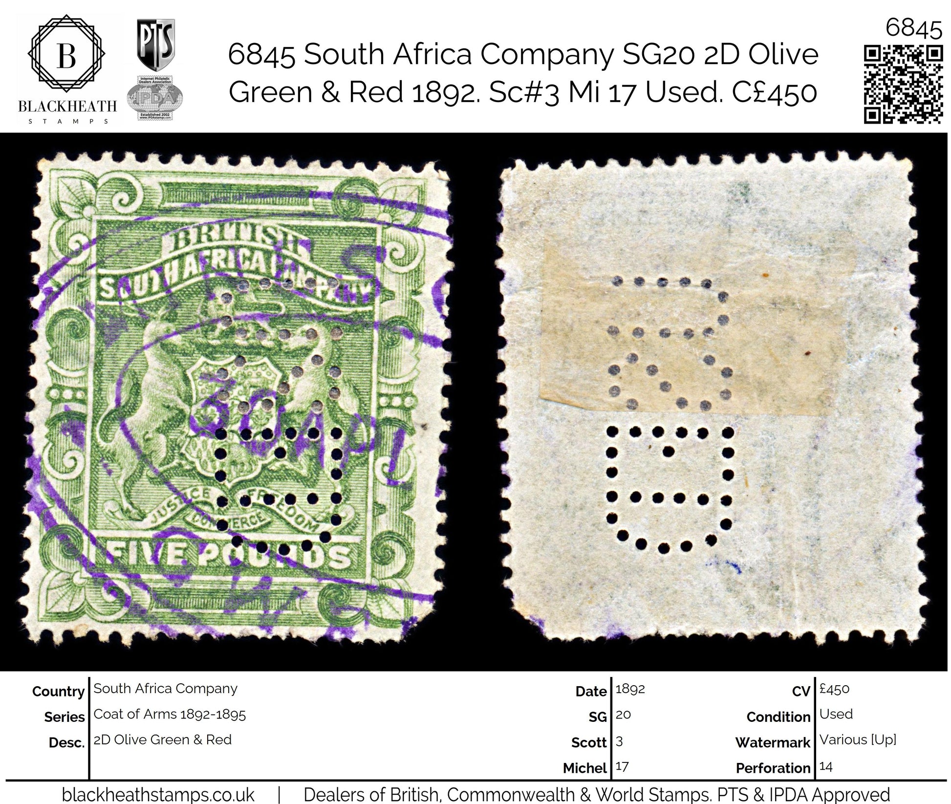 6845 South Africa Company SG20 2D Olive Green & Red 1892. Sc#3 Mi 17 Used. C£450