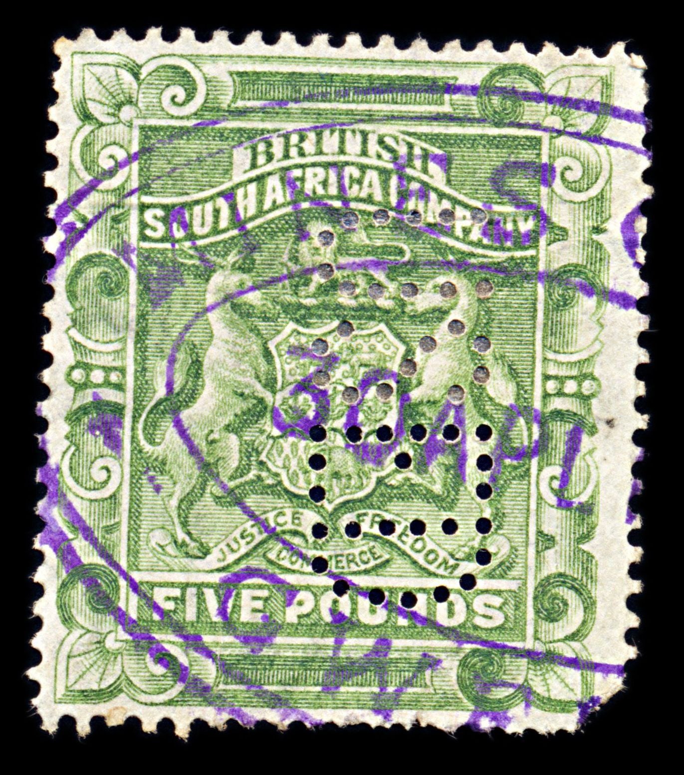 6845 South Africa Company SG20 2D Olive Green & Red 1892. Sc#3 Mi 17 Used. C£450