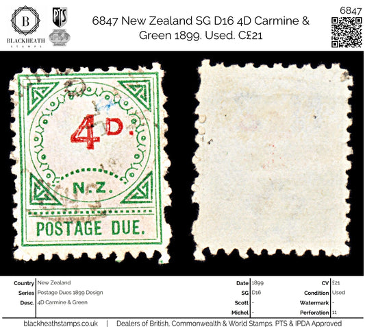 6847 New Zealand SG D16 4D Carmine & Green 1899. Used. C£21