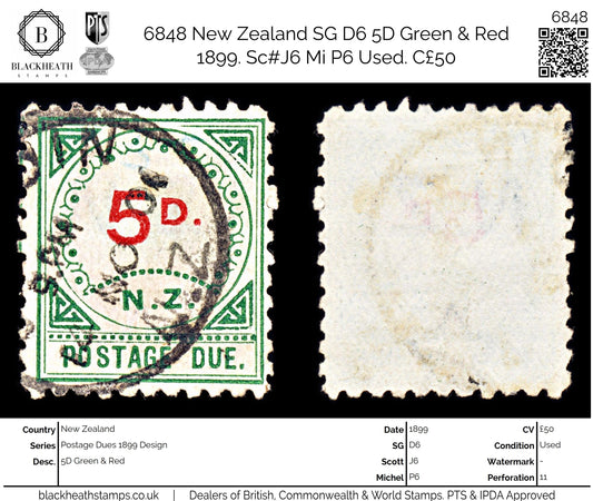 6848 New Zealand SG D6 5D Green & Red 1899. Sc#J6 Mi P6 Used. C£50