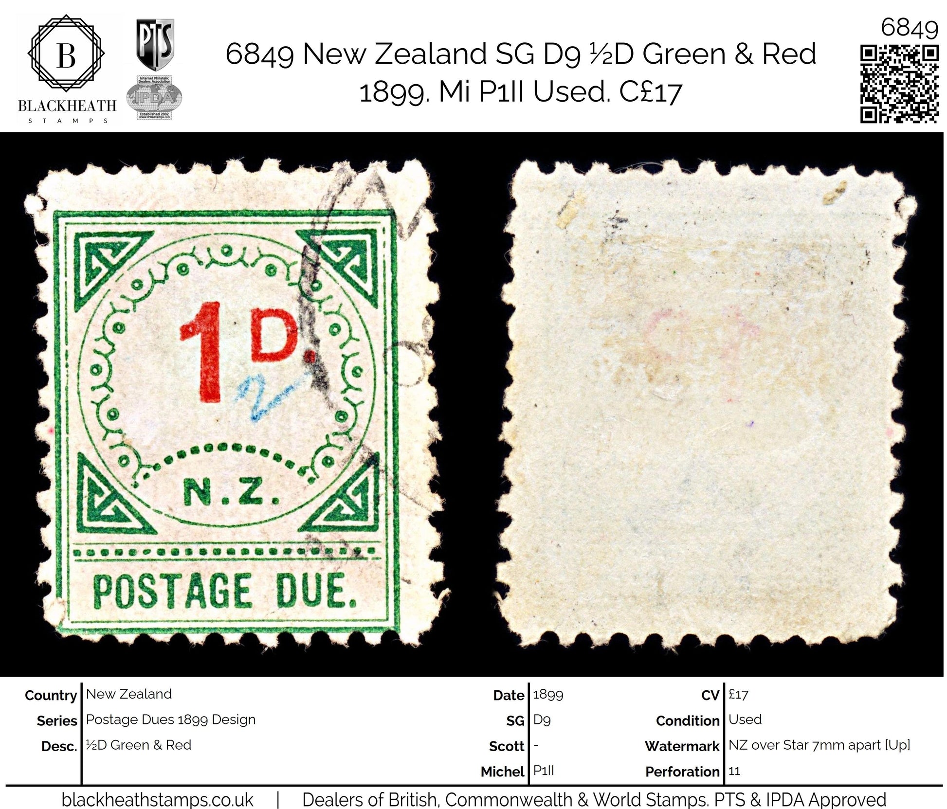 6849 New Zealand SG D9 ½D Green & Red 1899. Mi P1II Used. C£17