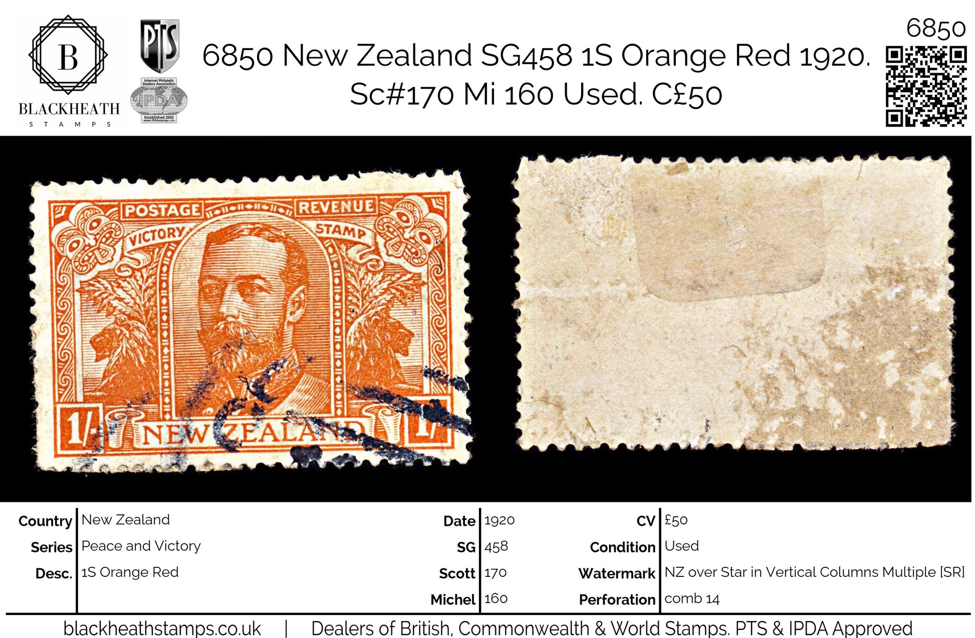 6850 New Zealand SG458 1S Orange Red 1920. Sc#170 Mi 160 Used. C£50