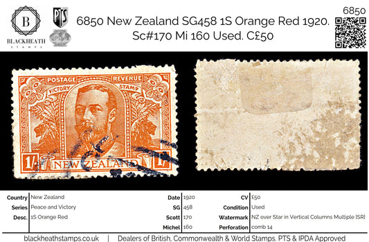 6850 New Zealand SG458 1S Orange Red 1920. Sc#170 Mi 160 Used. C£50