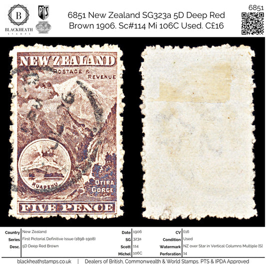 6851 New Zealand SG323a 5D Deep Red Brown 1906. Sc#114 Mi 106C Used. C£16