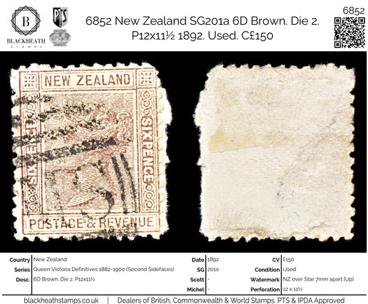 6852 New Zealand SG201a 6D Brown. Die 2. P12x11½ 1892. Used. C£150