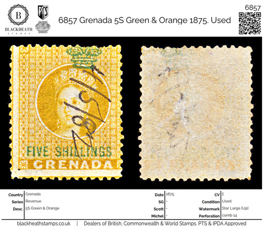 6857 Grenada 5S Green & Orange 1875. Used