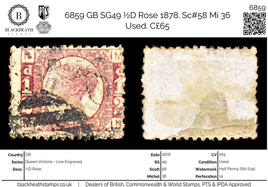 6859 GB SG49 ½D Rose. Plate 19 "MN" 1878. Sc#58 Mi 36 Used. C£65