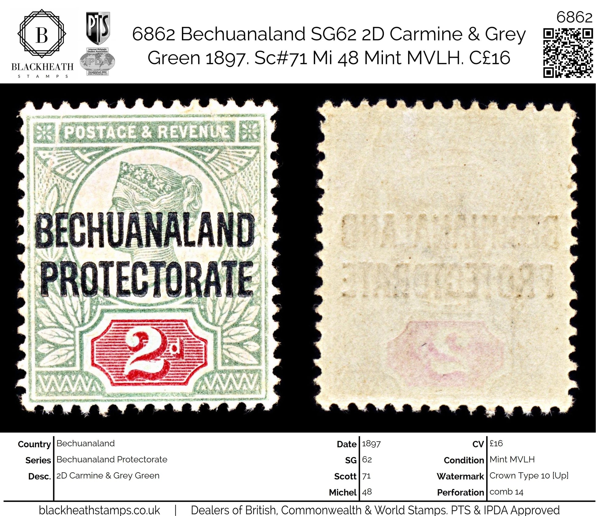 6862 Bechuanaland SG62 2D Carmine & Grey Green 1897. Sc#71 Mi 48 Mint MVLH. C£16