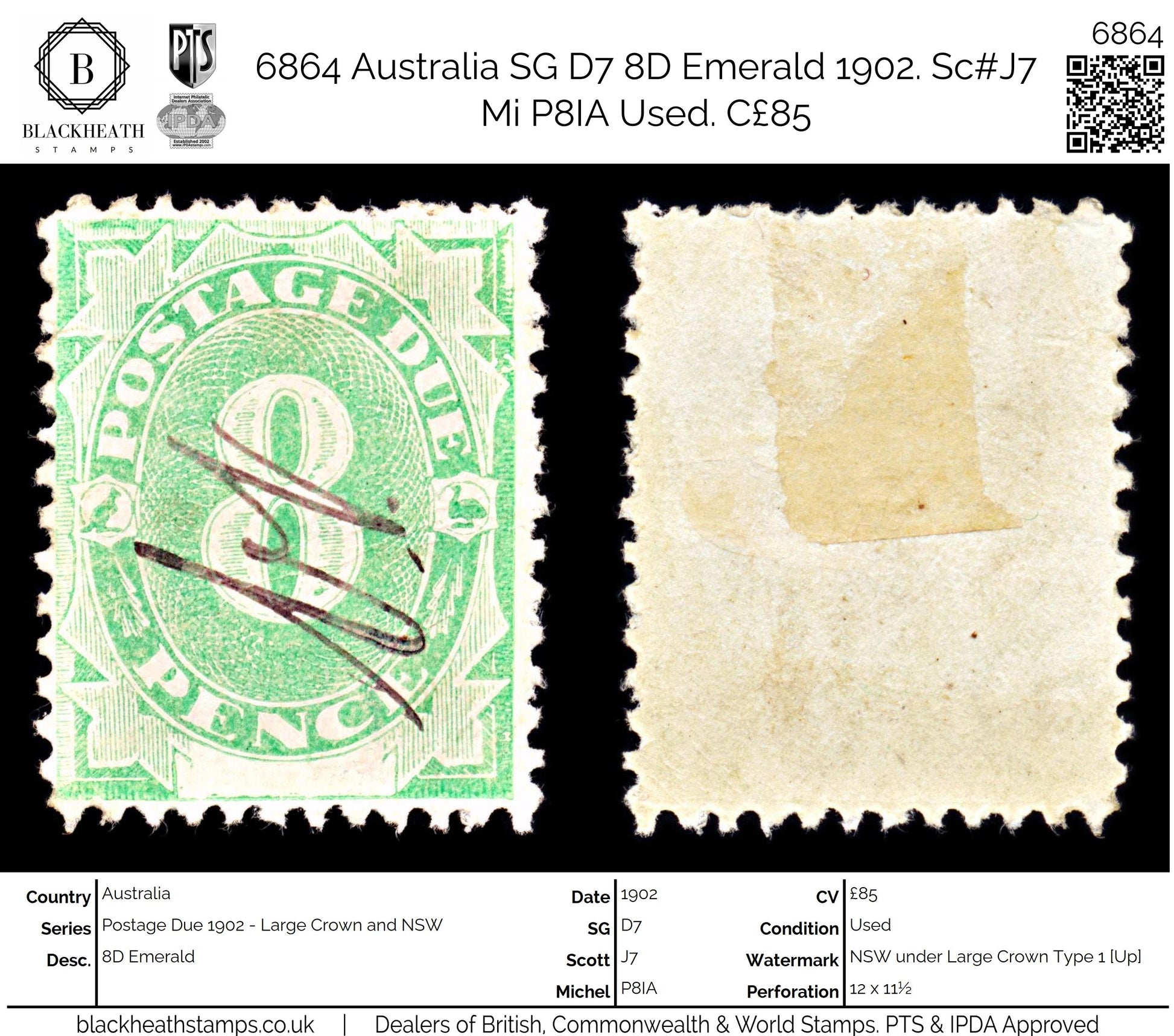 6864 Australia SG D7 8D Emerald 1902. Sc#J7 Mi P8IA Used. C£85