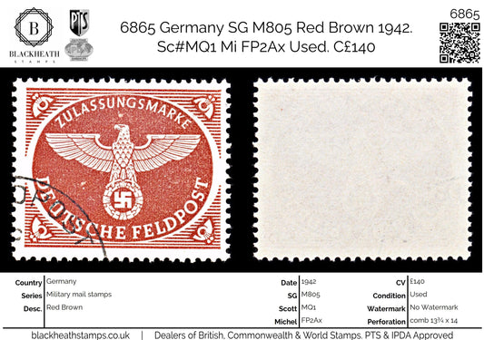 6865 Germany SG M805 Red Brown 1942. Sc#MQ1 Mi FP2Ax Used. C£140