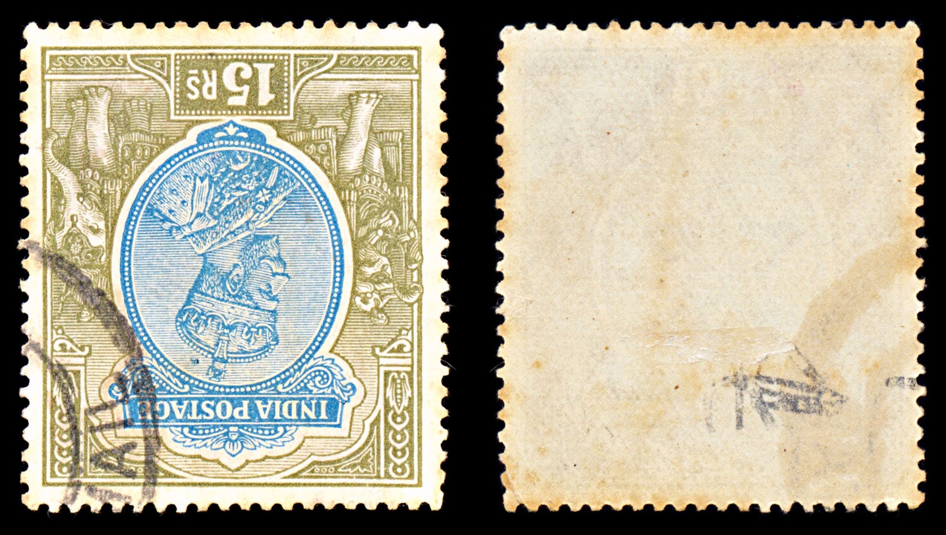 6867 India SG218w 15R Blue & Olive 1928. Used. C£32