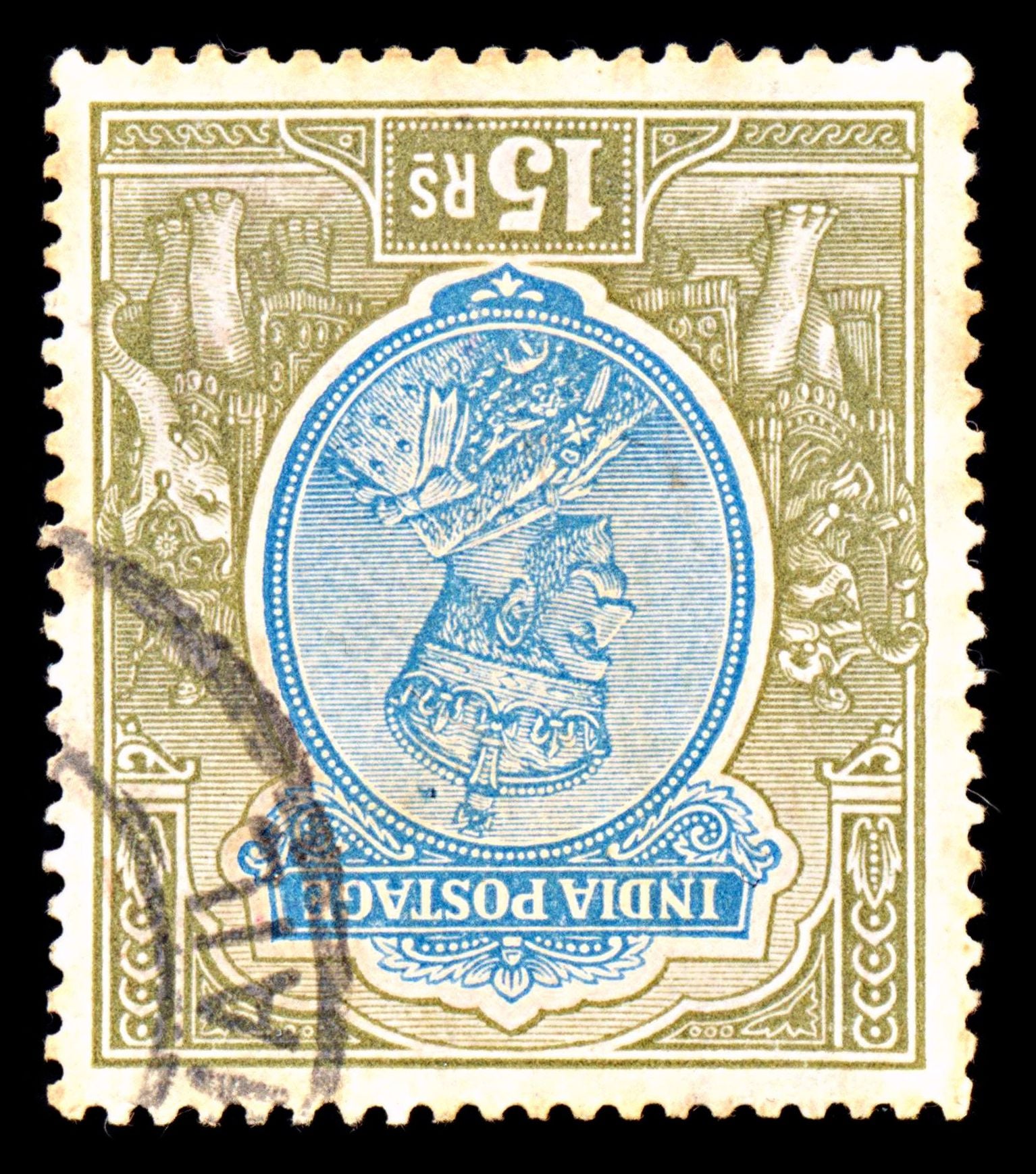 6867 India SG218w 15R Blue & Olive 1928. Used. C£32