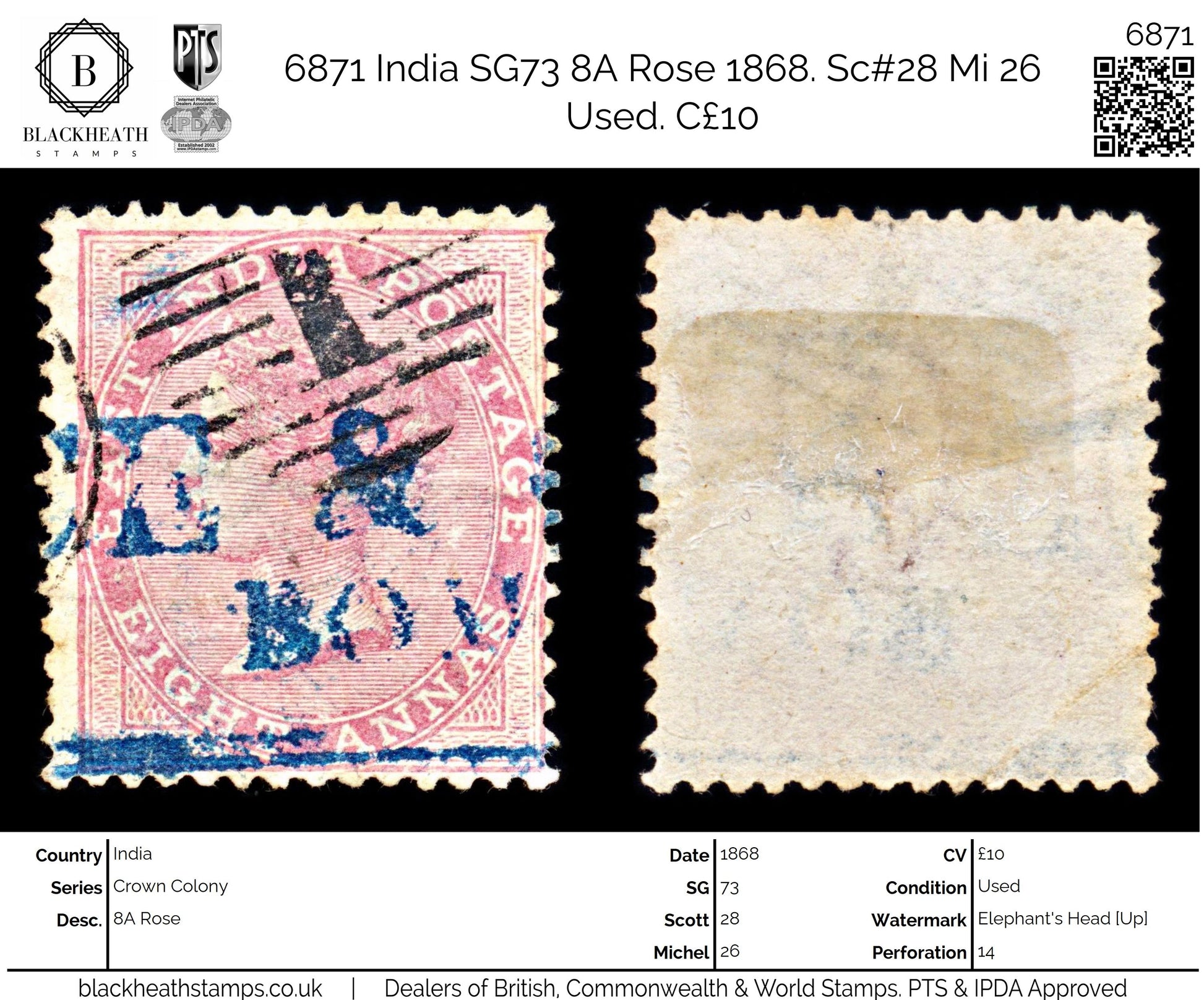 6871 India SG73 8A Rose 1868. Sc#28 Mi 26 Used. C£10