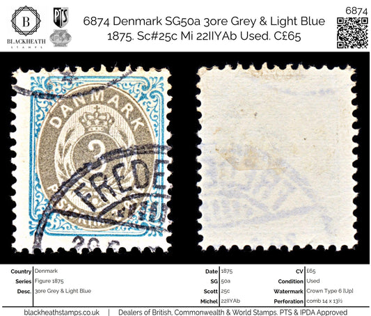 6874 Denmark SG50a 3ore Grey & Light Blue 1875. Sc#25c Mi 22IIYAb Used. C£65