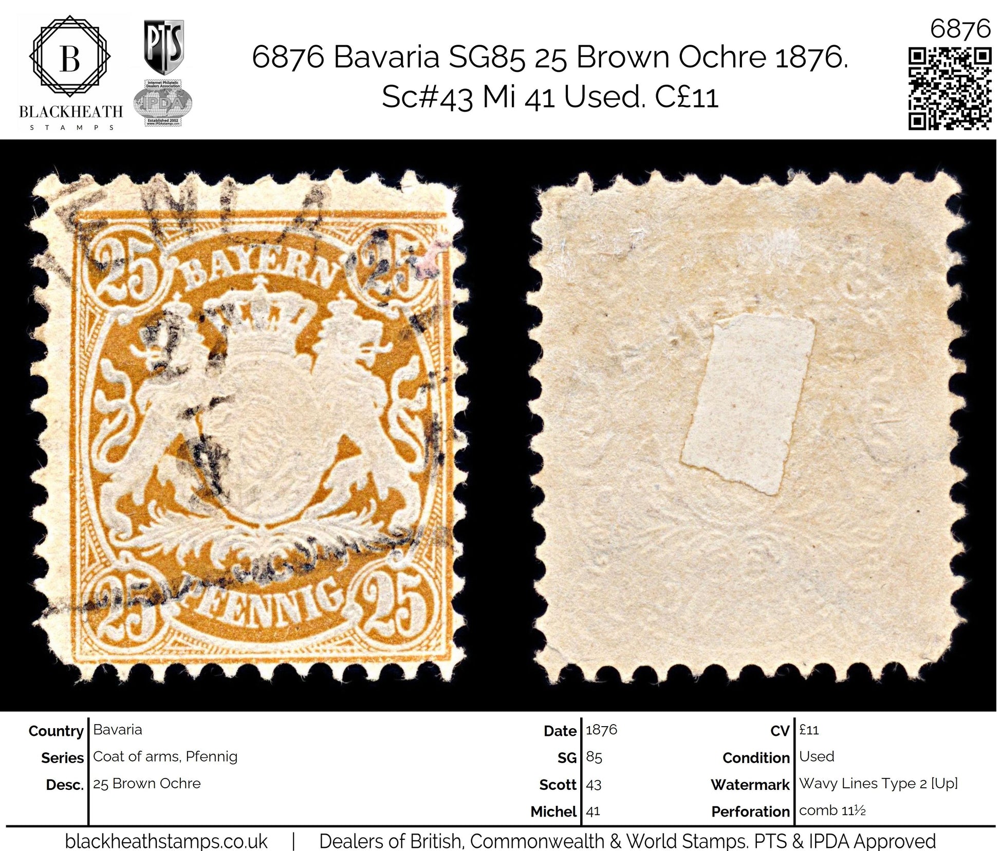 6876 Bavaria SG85 25 Brown Ochre 1876. Sc#43 Mi 41 Used. C£11