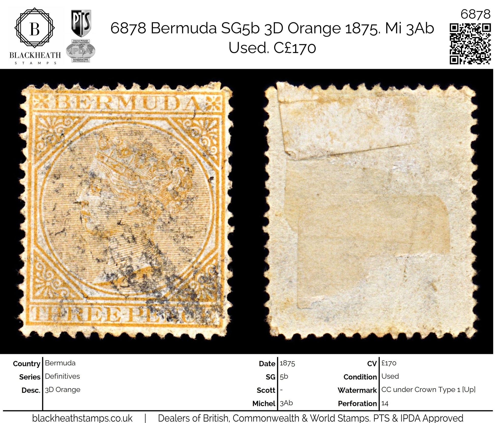 6878 Bermuda SG5b 3D Orange 1875. Mi 3Ab Used. C£170