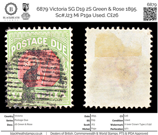 6879 Victoria SG D19 2S Green & Rose 1895. Sc#J23 Mi P19a Used. C£26