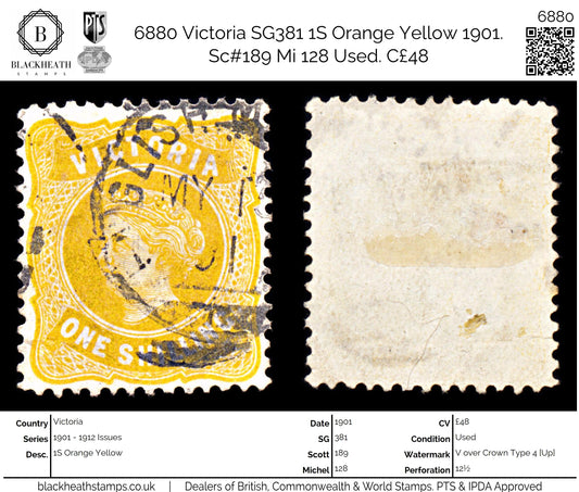 6880 Victoria SG381 1S Orange Yellow 1901. Sc#189 Mi 128 Used. C£48