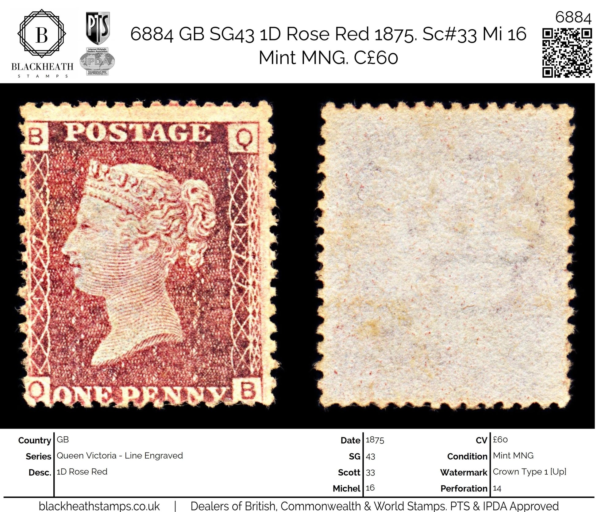 6884 GB SG43 1D Rose Red. Plate 177 "QB" 1875. Sc#33 Mi 16 Mint MNG. C£60