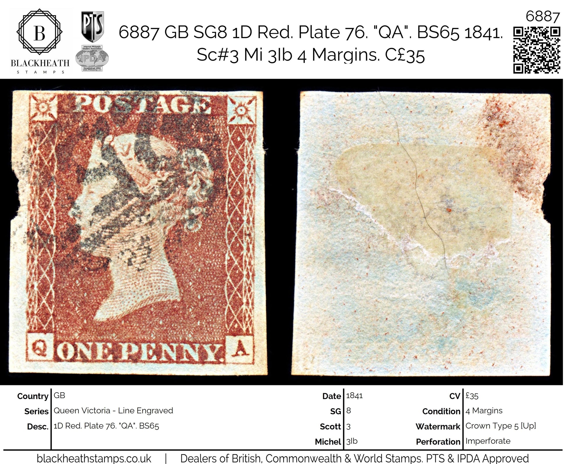 6887 GB SG8 1D Red. Plate 76. "QA". BS65 1841. Sc#3 Mi 3Ib 4 Margins. C£35