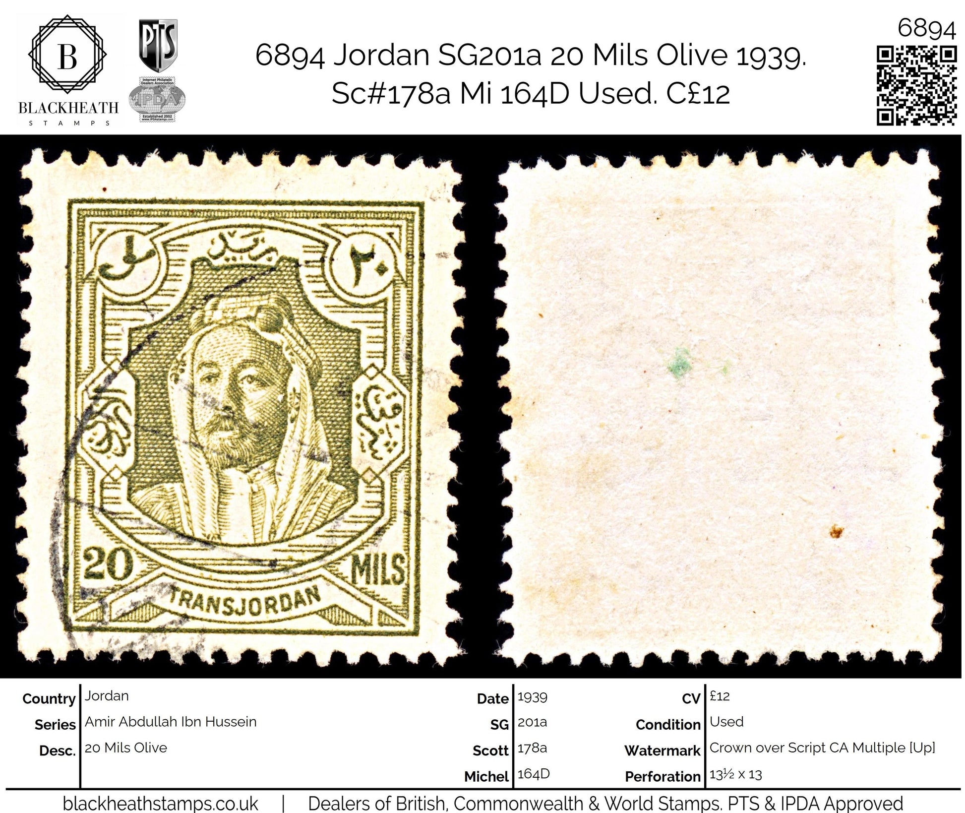 6894 Jordan SG201a 20 Mils Olive 1939. Sc#178a Mi 164D Used. C£12