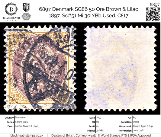 6897 Denmark SG86 50 Ore Brown & Lilac 1897. Sc#51 Mi 30IYBb Used. C£17