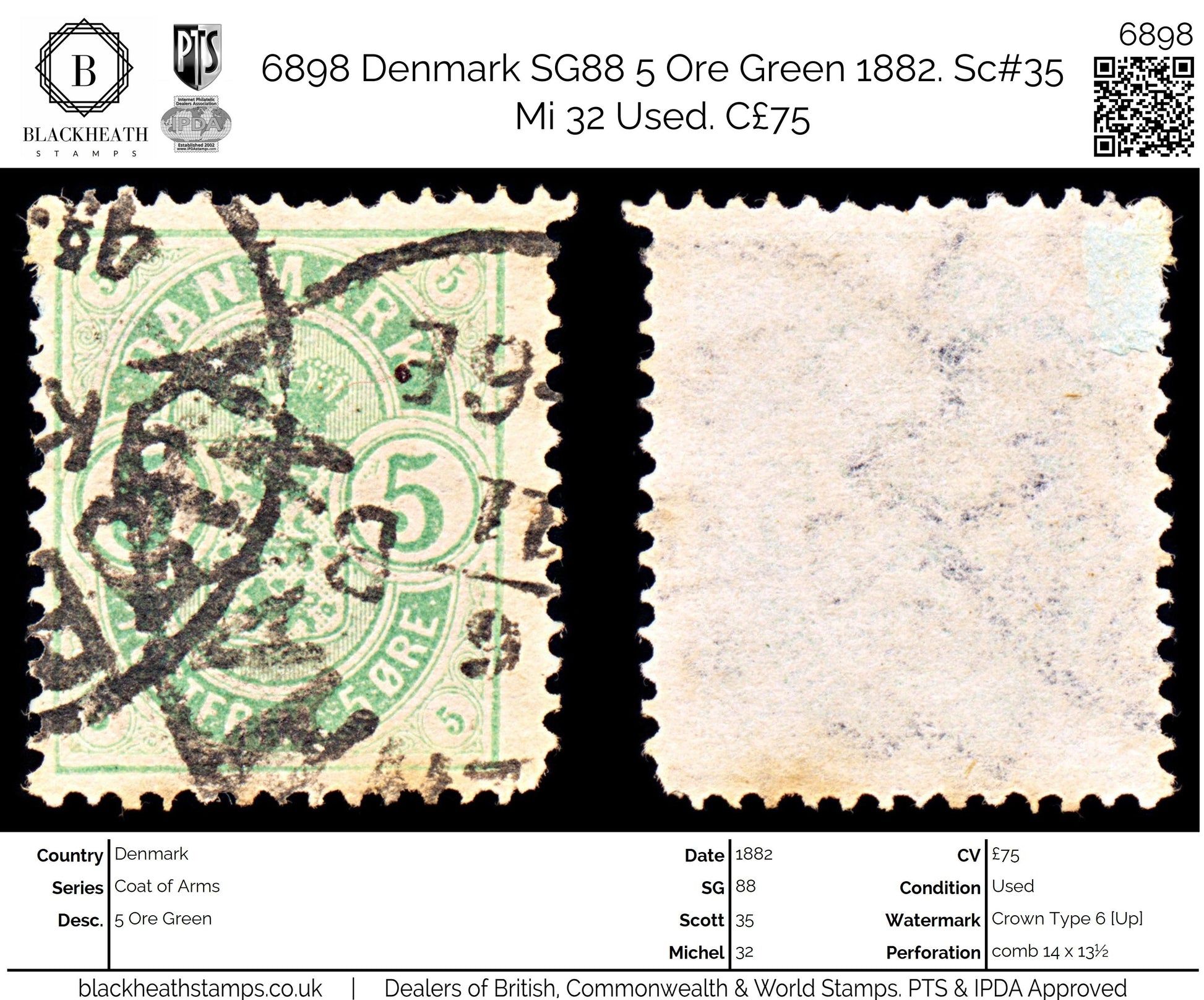 6898 Denmark SG88 5 Ore Green 1882. Sc#35 Mi 32 Used. C£75