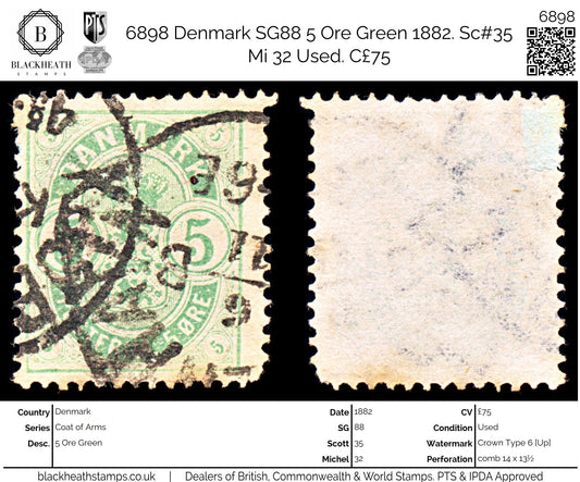 6898 Denmark SG88 5 Ore Green 1882. Sc#35 Mi 32 Used. C£75