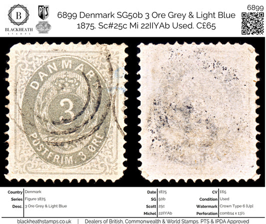 6899 Denmark SG50b 3 Ore Grey & Light Blue 1875. Sc#25c Mi 22IIYAb Used. C£65