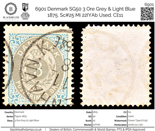 6901 Denmark SG50 3 Ore Grey & Light Blue 1875. Sc#25 Mi 22IYAb Used. C£11