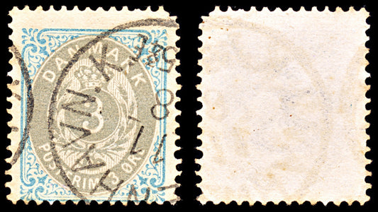 6901 Denmark SG50 3 Ore Grey & Light Blue 1875. Sc#25 Mi 22IYAb Used. C£11